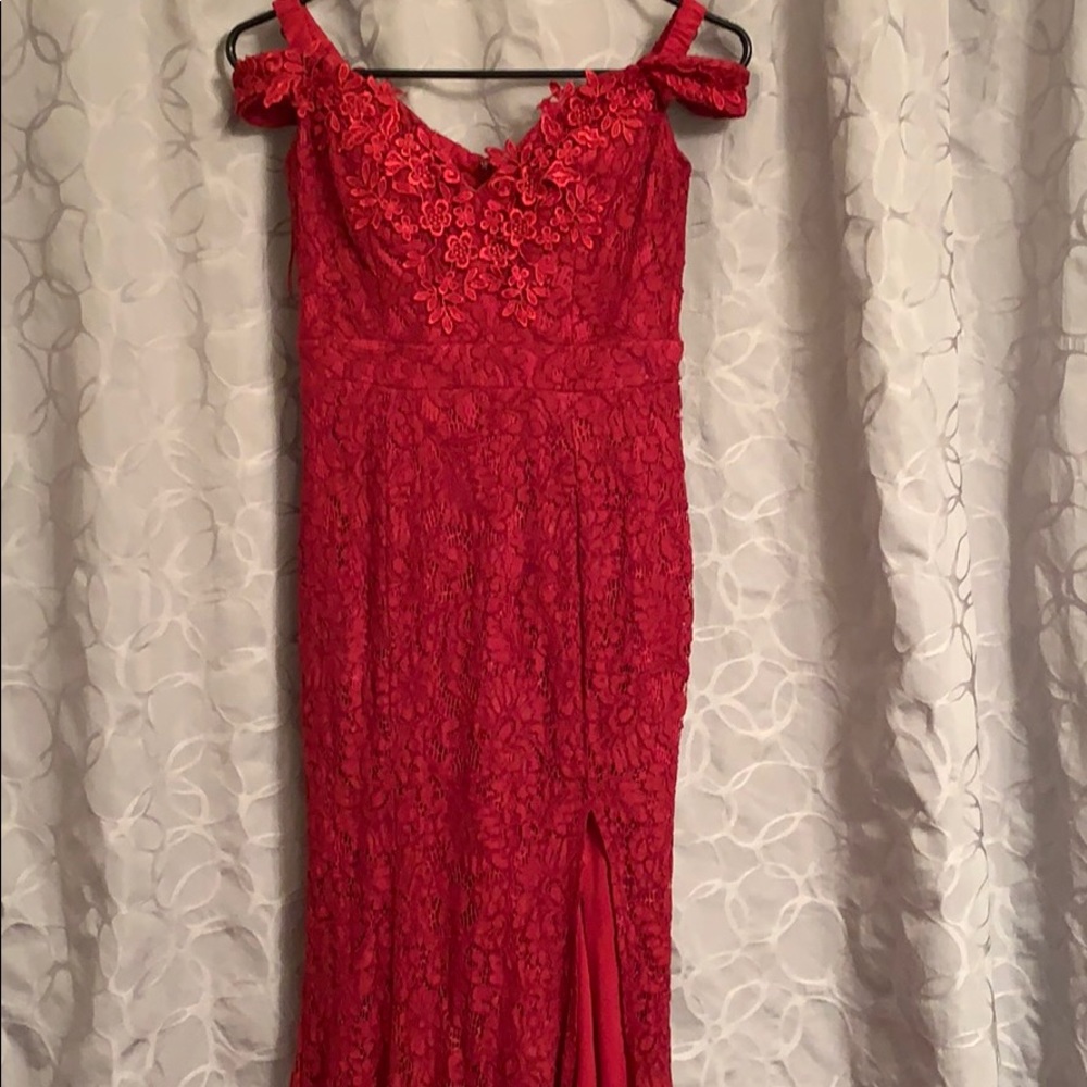 Red off the shoulder and front slit gown